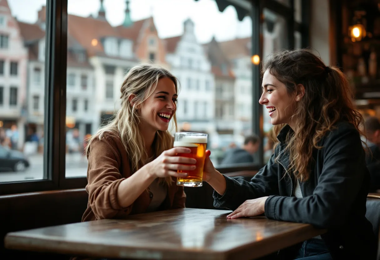 Een lachende jonge vrouw in een Tielts café schenkt een glas bier in, met op de achtergrond een raam dat uitkijkt op de karakteristieke gevels van de Grote Markt van Tielt.