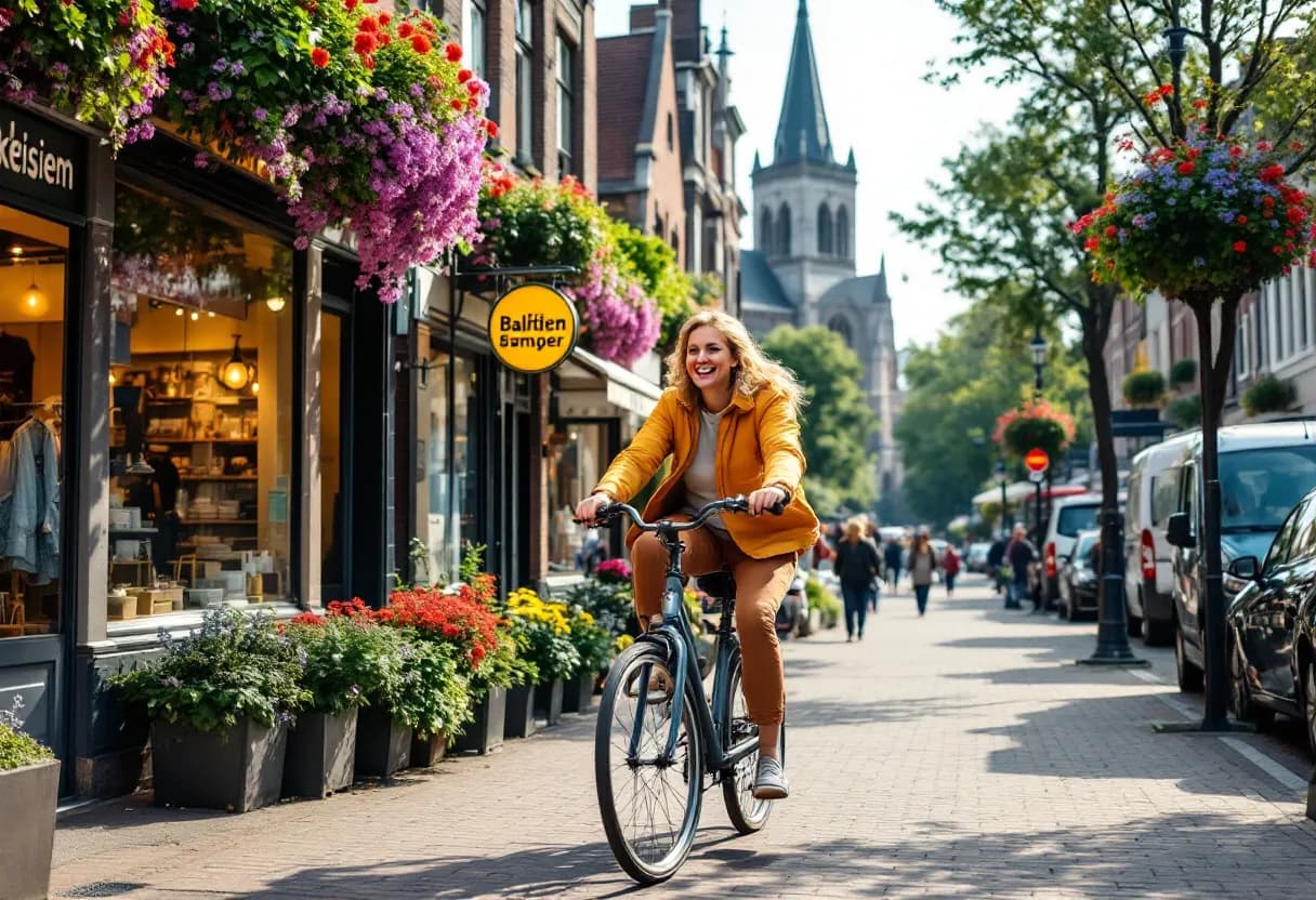 Vrolijke flexijobber fietst door de levendige winkelstraat van Waregem, met op de achtergrond de historische Onze-Lieve-Vrouwekerk en kleurrijke bloembakken.
