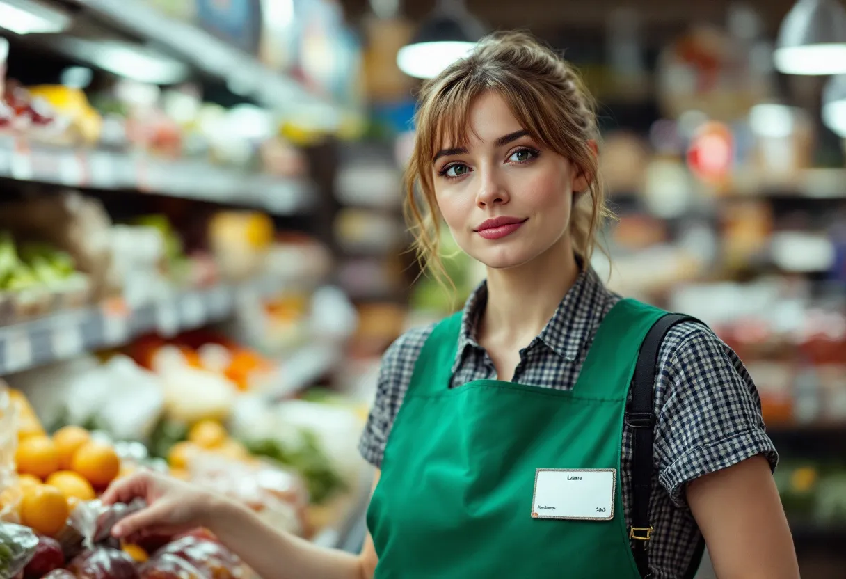 Een glimlachende dertiger die een flexijob uitvoert in een lokale supermarkt in Kortrijk, overdag, met een naamkaartje op het uniform, terwijl ze groenten bijvult.