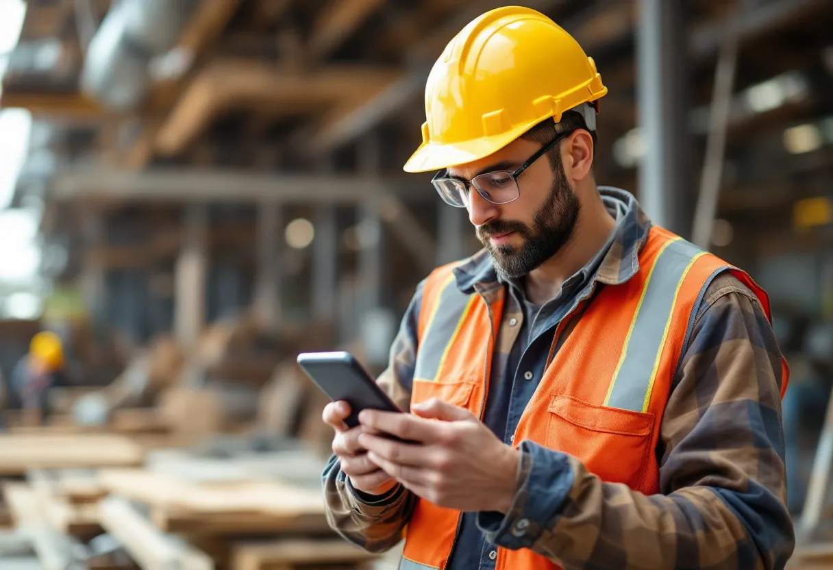 Een vrolijke bouwvakker met een helm op een werf, die op zijn smartphone een lijst met lokale flexijobs bekijkt terwijl hij een hamer vasthoudt.