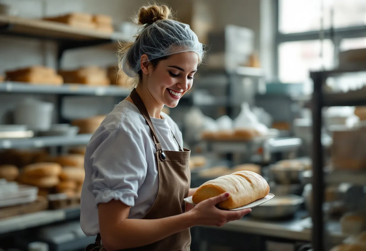 Un employé de flexijob souriant dans une boulangerie de Kortrijk, remettant un pain frais à un client avec le sourire, avec vue sur la façade typique flamande.