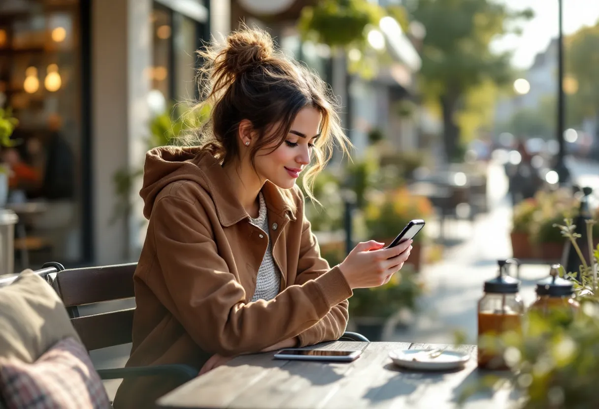 Une jeune femme est assise à une terrasse dans une rue commerçante de Courtrai et regarde sur son smartphone les flexijobs disponibles à proximité, tandis que le soleil brille.