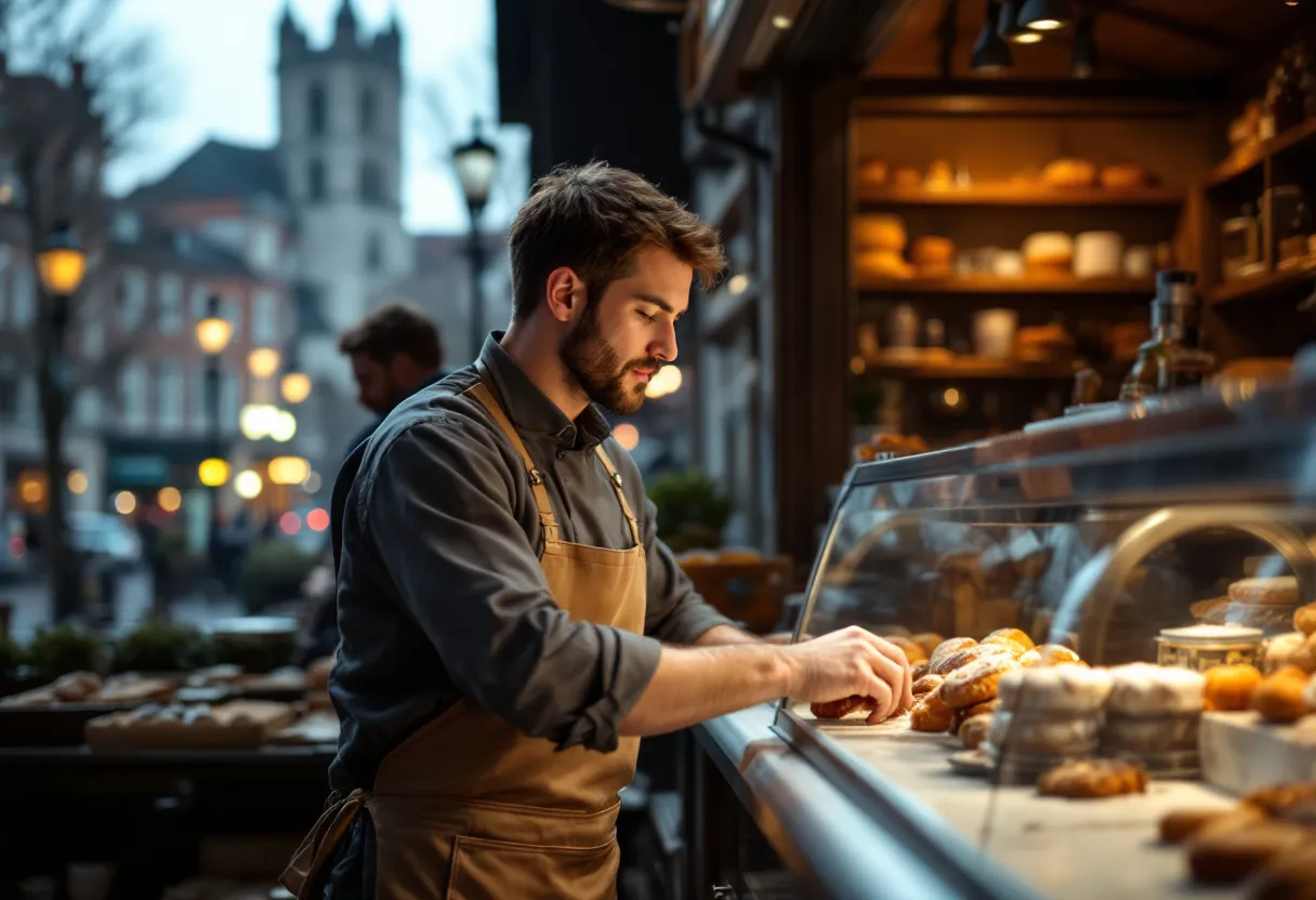 Een jonge man in een bakkersuniform legt met een glimlach broden in de vitrine van een warme bakkerij in het centrum van Kortrijk, terwijl de ochtendzon door het raam naar binnen valt en de contouren van het Belfort op de achtergrond zichtbaar zijn.