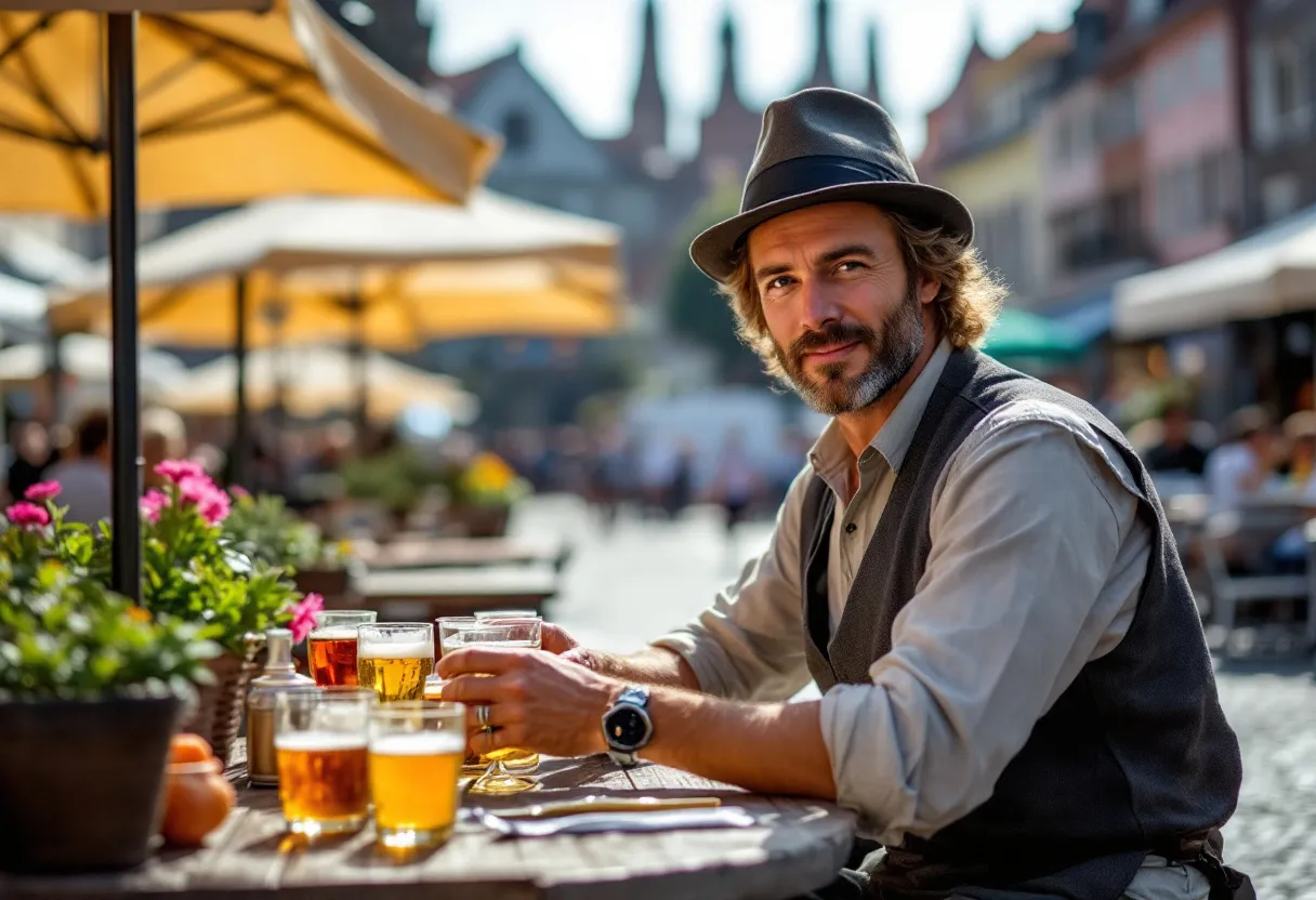 Een stralende kelner met een dienblad vol drankjes voor een terras op de Grote Markt in Kortrijk, met de Belforttoren zichtbaar op de achtergrond.