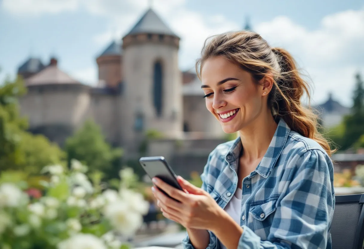 Een vrolijke jonge vrouw houdt haar smartphone vast met daarop een overzicht van flexijobs in Kortrijk, terwijl ze op een terrasje zit met zicht op het historische Belfort van Kortrijk in de achtergrond, zonnige dag.