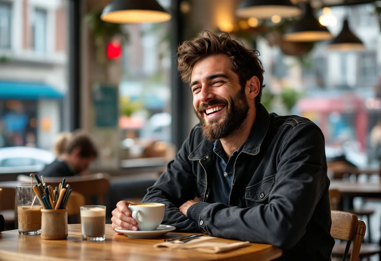Een fotorealistische foto van een lachende jonge man die een dienblad draagt in een gezellig Kortrijks café, met de typische Leiestraat op de achtergrond, zonnig, toont de flexibele werksfeer.