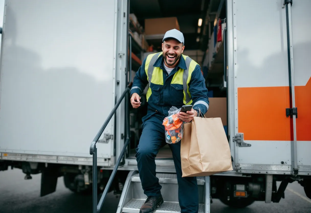Een lachende man in een bezorguniform stapt uit een bestelwagen op een industrieterrein in Kortrijk, met een pakketje in de hand en de flexijob-app open op zijn smartphone.