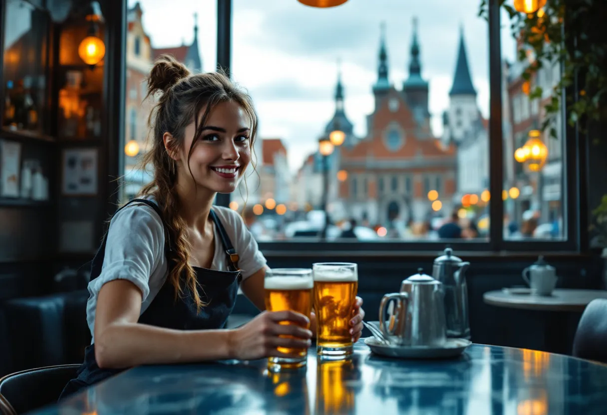 Een glimlachende jonge barvrouw in een bruin café in Kortrijk zet twee pintjes op de toog, terwijl op de achtergrond een raam met zicht op de Broeltorens en de Leie het Kortrijkse stadsbeeld toont.