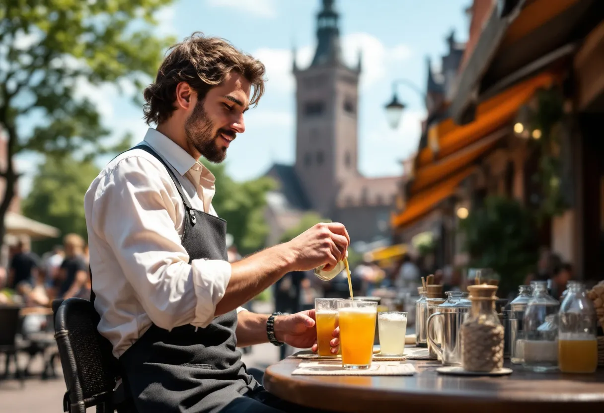Een glimlachende jonge kelner serveert drankjes op een zonnig terras op de Grote Markt in Kortrijk, met het historische belfort op de achtergrond.