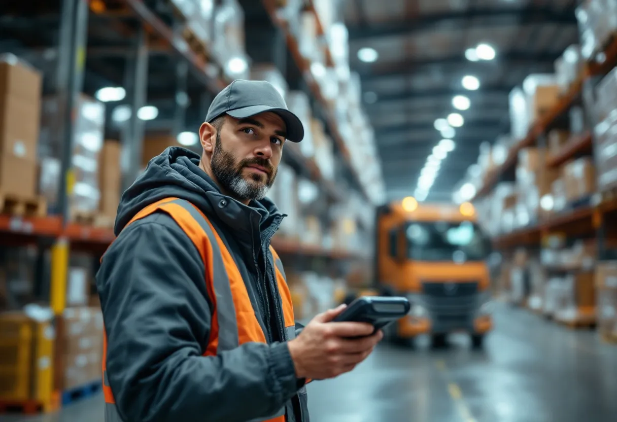 Een vrolijke orderpicker in een groot logistiek magazijn in Kortrijk, met een scanner in de hand, omringd door hoge stellingen met dozen en een heftruck op de achtergrond.