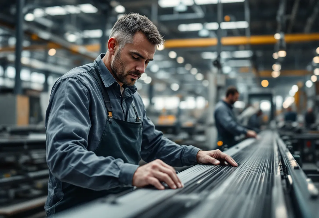 Een productiemedewerker in een moderne fabriekshal in Kortrijk, met een glimlach terwijl hij dozen inpakt op een lopende band, met zicht op industriële gebouwen op de achtergrond.