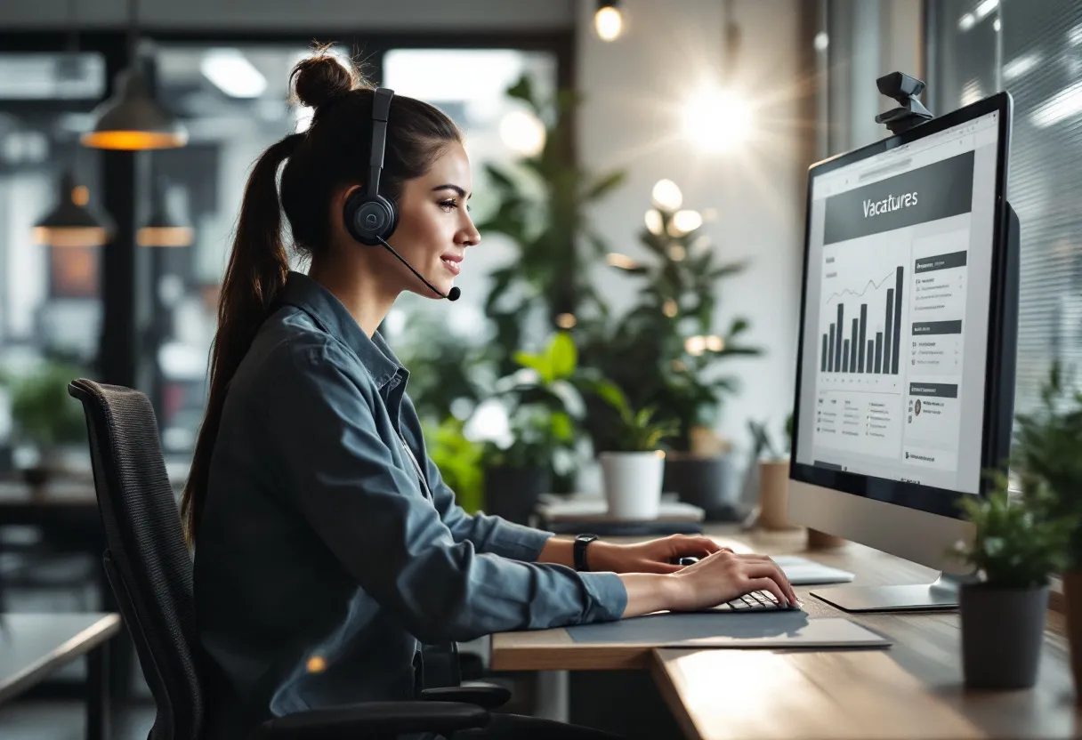 Een fotorealistische scène van een klantenservicemedewerker aan een balie in een kantoorgebouw in Kortrijk, met een headset op en een computerscherm dat vacatures toont, terwijl zonlicht door het raam valt.