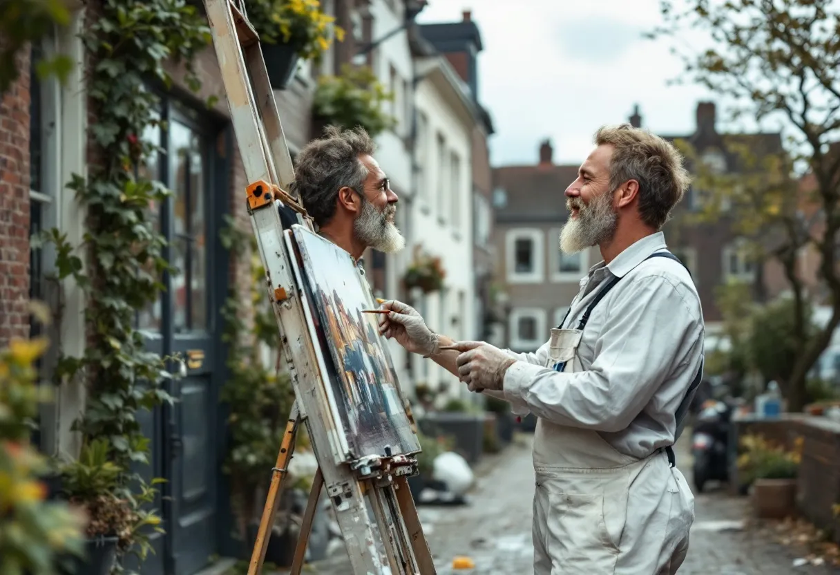 Een vrolijke schilder in witte overall staat op een ladder en schildert een raamkozijn in een rustige straat in Kortrijk, met typische Vlaamse huizen op de achtergrond.
