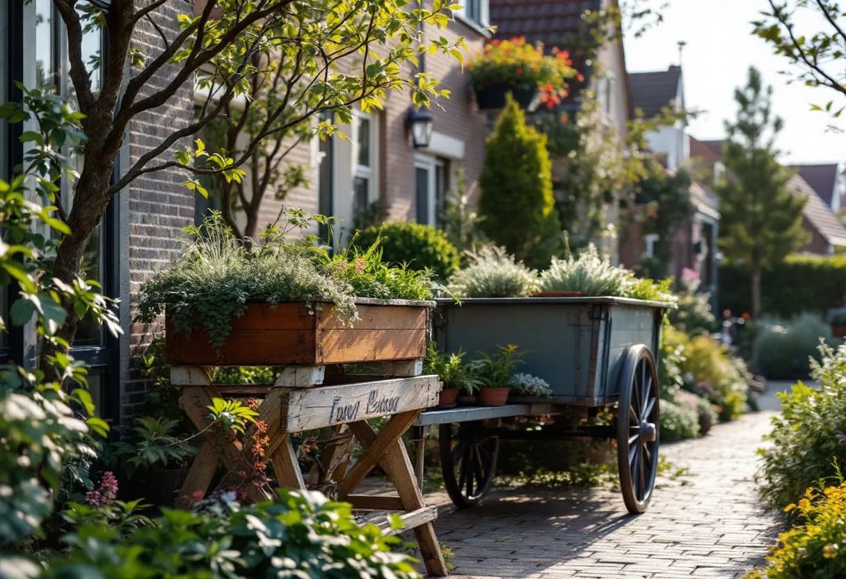 Een glimlachende tuinman met een kruiwagen en planten voor een groene omgeving in een woonwijk van Kortrijk.