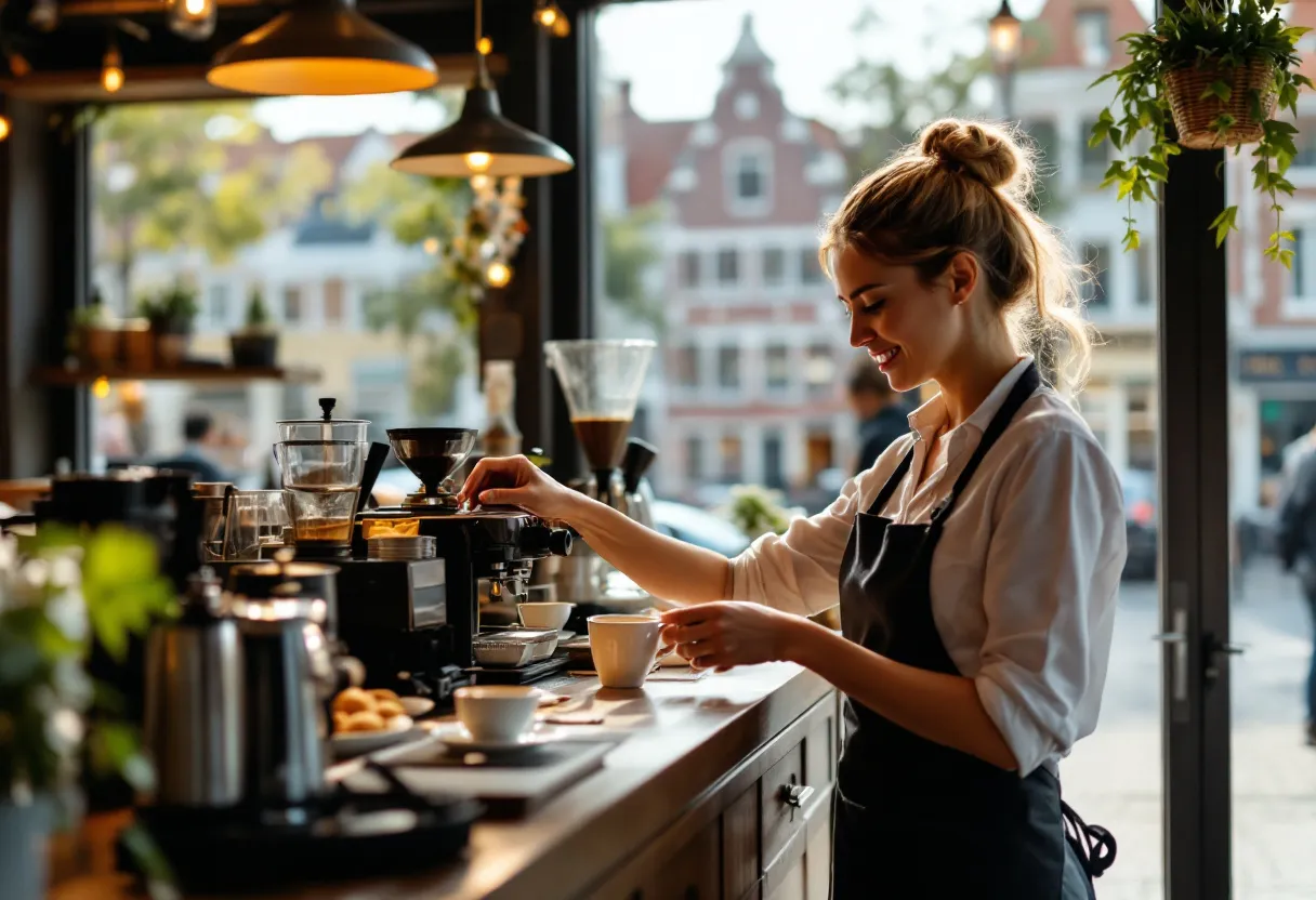 Een vrolijke jonge vrouw in barista-schort tapt een koffie in een gezellige koffiebar in het centrum van Kortrijk, met zicht op de typische gevels en het Belfort op de achtergrond.