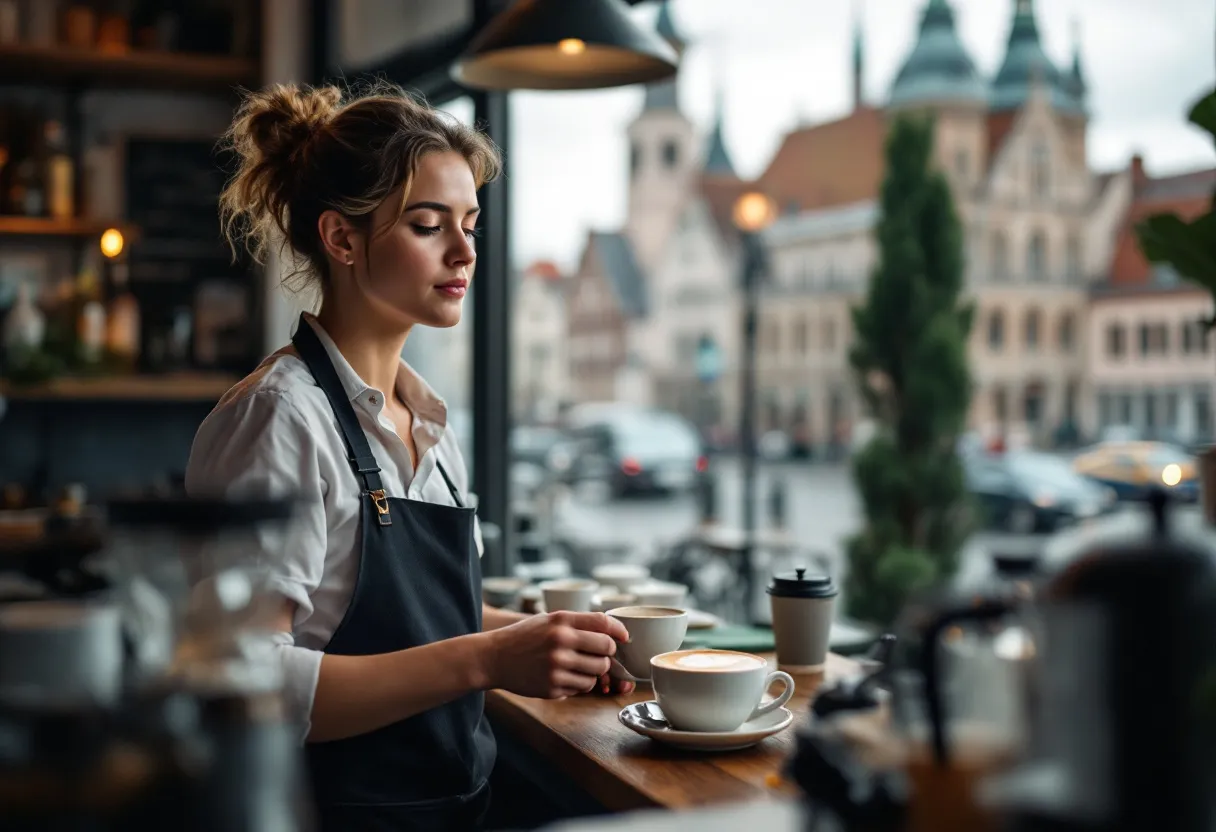 Een jonge barista die met een brede glimlach een cappuccino serveert in een gezellig koffiehuis met uitzicht op de Belforttoren van Brugge, terwijl ochtendlicht door de ramen valt.