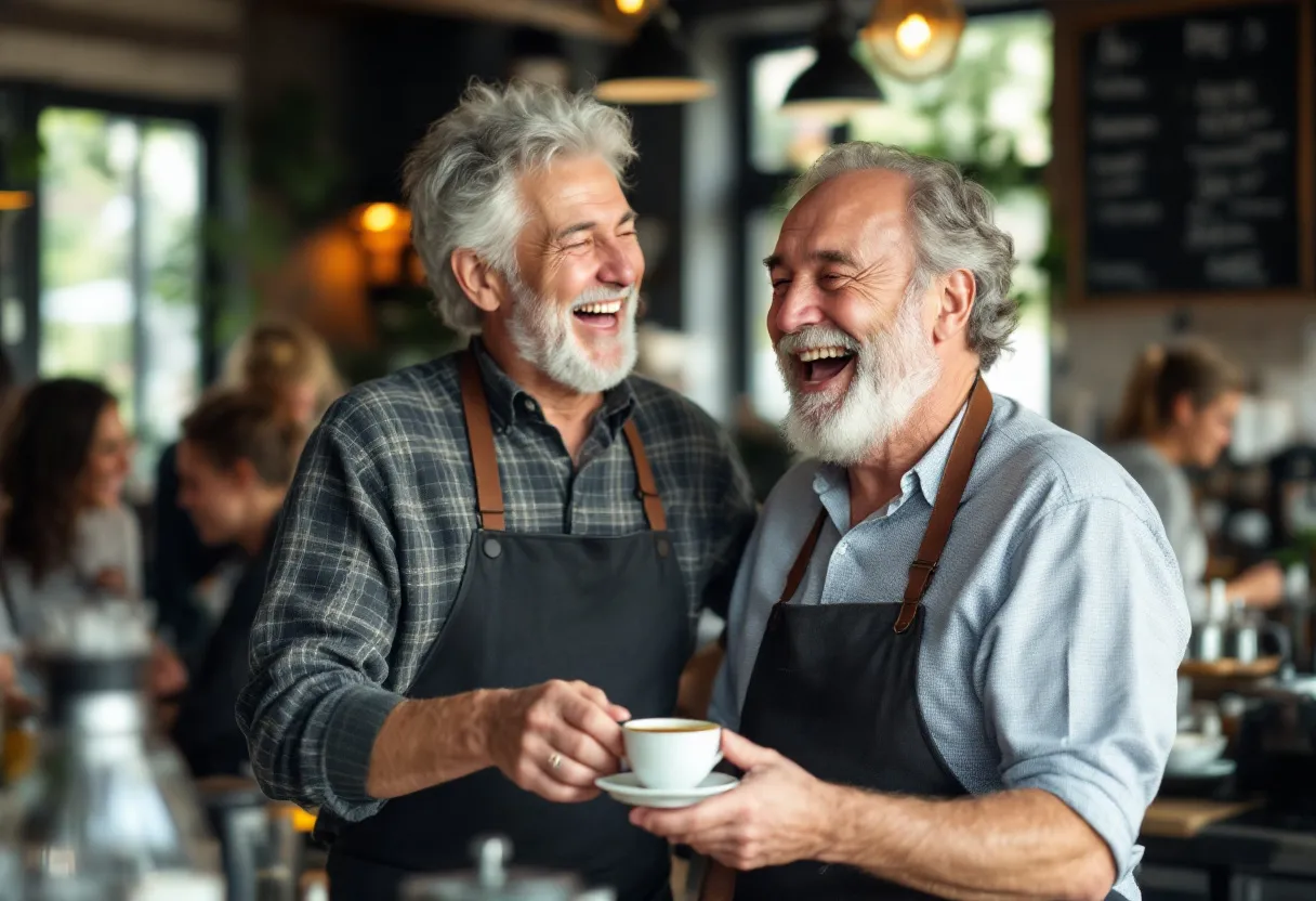Een vrolijke 55-plusser met grijze haren lacht terwijl hij een dienblad met koffie serveert in een gezellig café, met op de achtergrond tevreden klanten.
