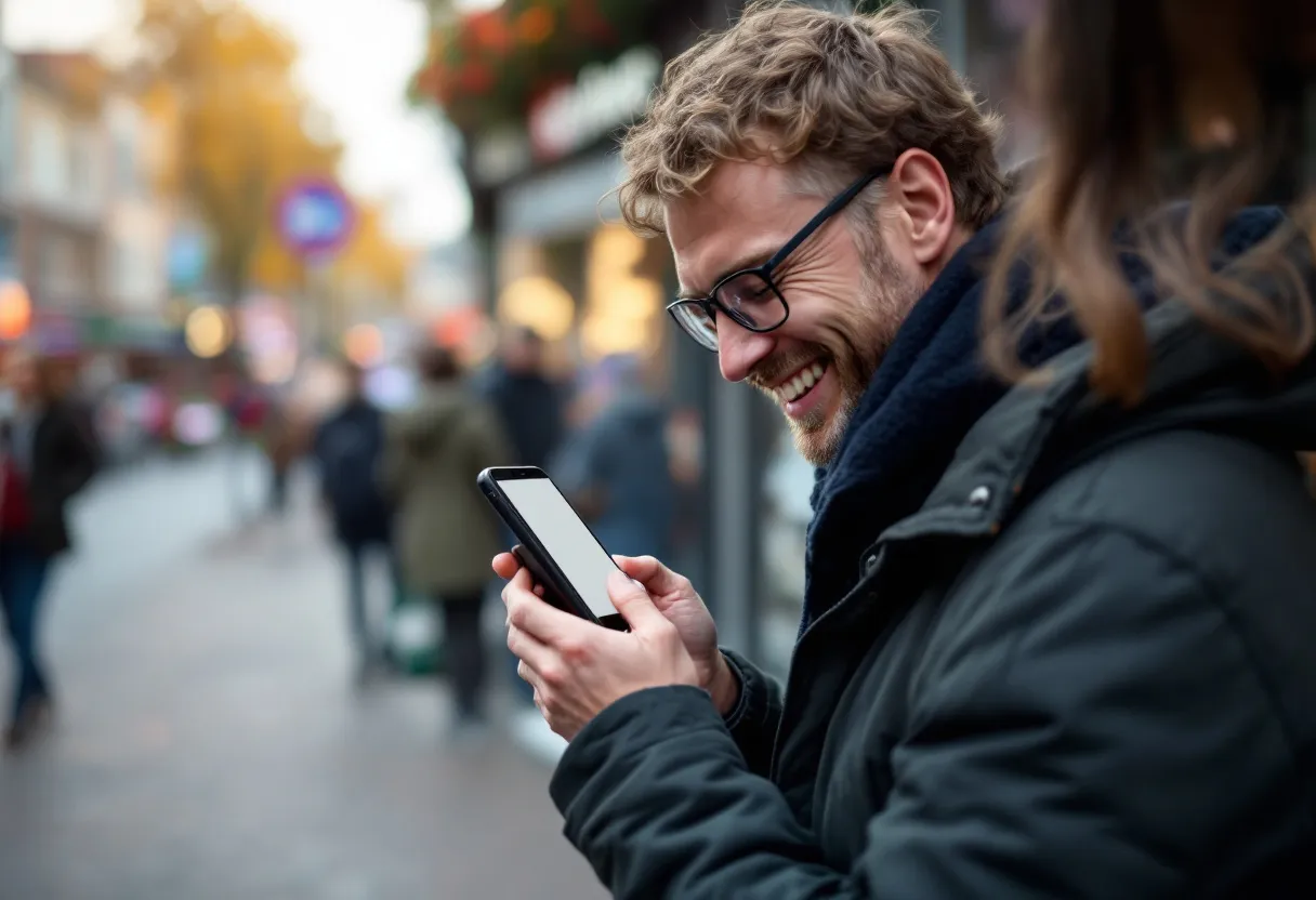 Een enthousiaste volwassene in Kortrijk scant een smartphone met een lijst van beschikbare flexijobs in de buurt, terwijl op de achtergrond een levendige winkelstraat zichtbaar is.