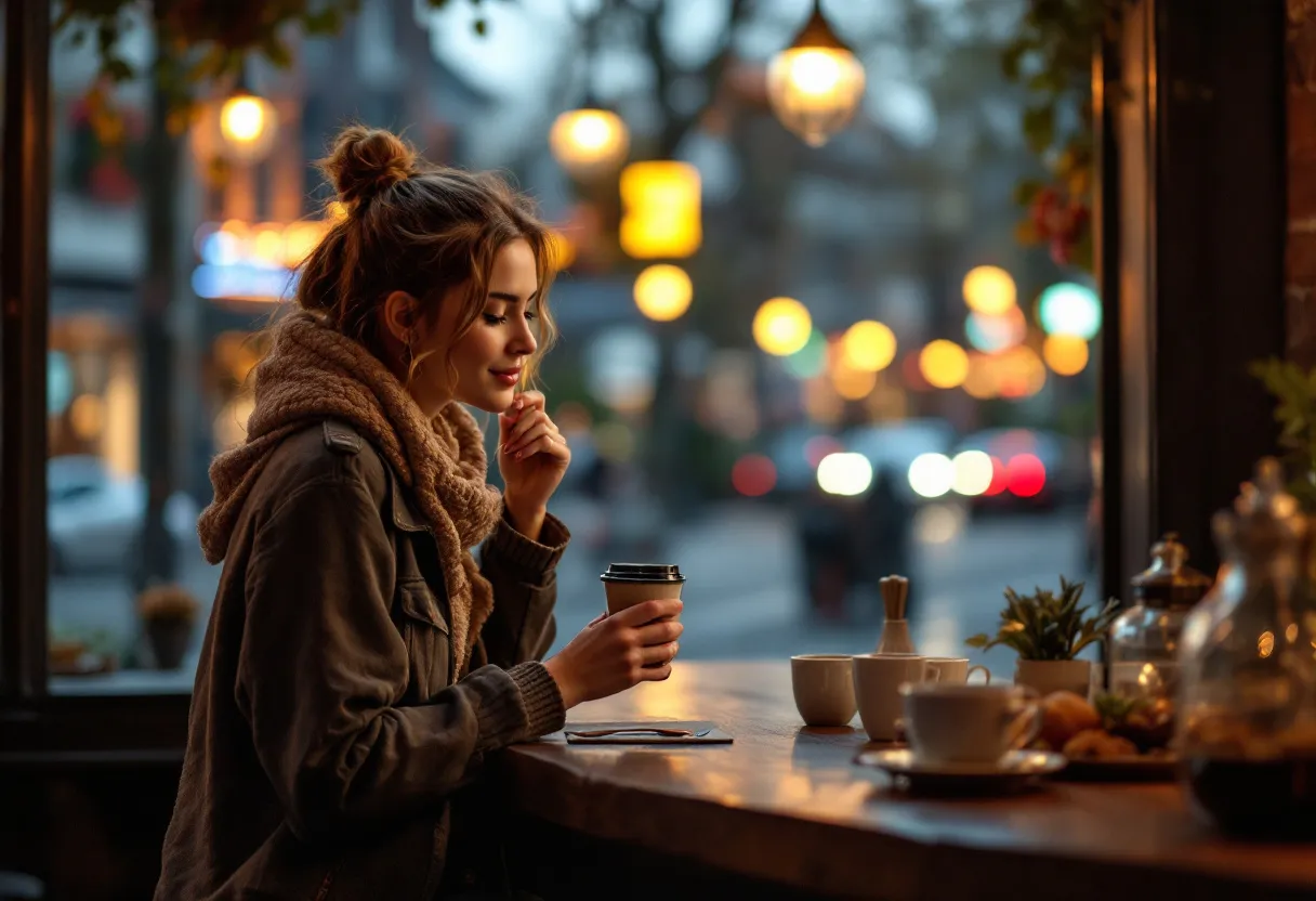 Een jonge vrouw met een glimlach schenkt een koffie in een trendy koffiebar tijdens de avond, terwijl door het raam de verlichte straat van een Vlaamse gemeente zichtbaar is.