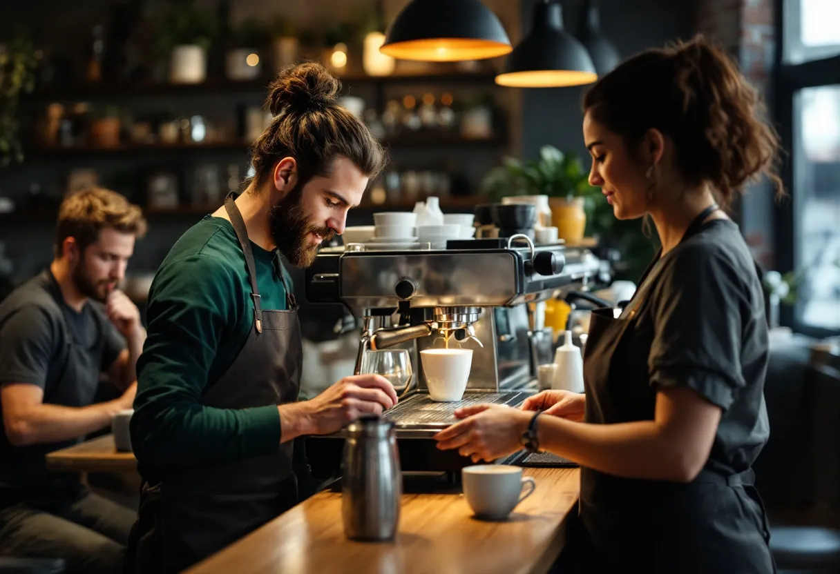 A barista in a green apron prepares a cappuccino at a shiny espresso machine in a busy café with wooden tables, while a waitress carries a tray of glasses and a sign reading 'Flexi-job wanted' hangs on the wall.