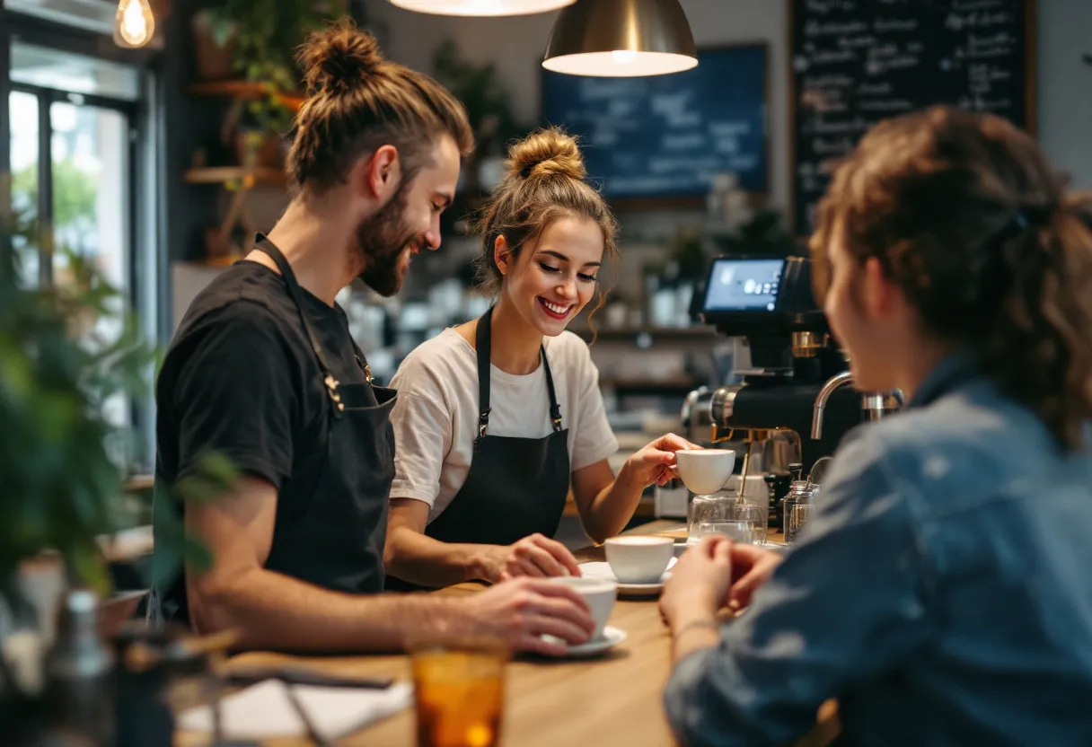 A cheerful barista wearing an apron in a bright coffee bar in the center of Leuven, smiling while preparing a cappuccino as customers sit at the counter.