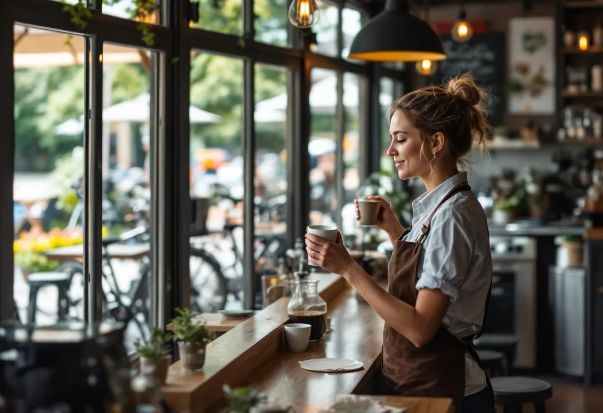 A young woman with an apron serves coffee in a cozy Flemish café, with a sunny terrace and bicycles in front of the door.