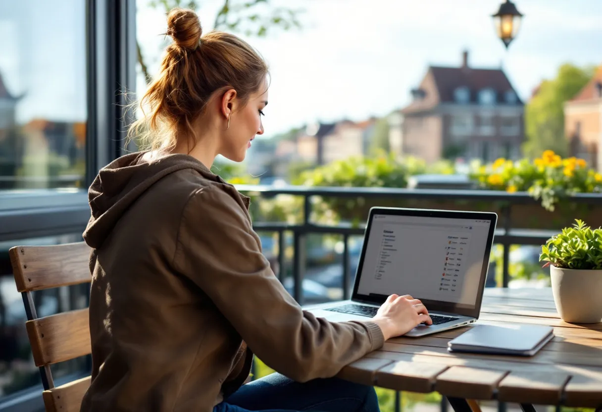 A cheerful woman looks at her laptop at a clear list of flexijobs in her municipality, while enjoying a cup of coffee on a sunny terrace with a view of a Flemish church tower.