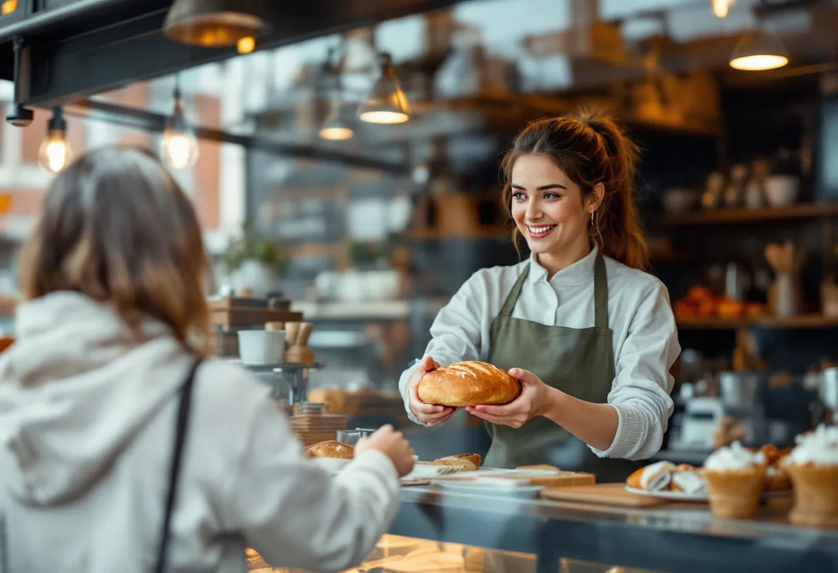 A photorealistic image of a young woman standing behind the counter of a bakery handing a loaf of bread to a customer, with a striking window sticker 'flexi-job nearby'.